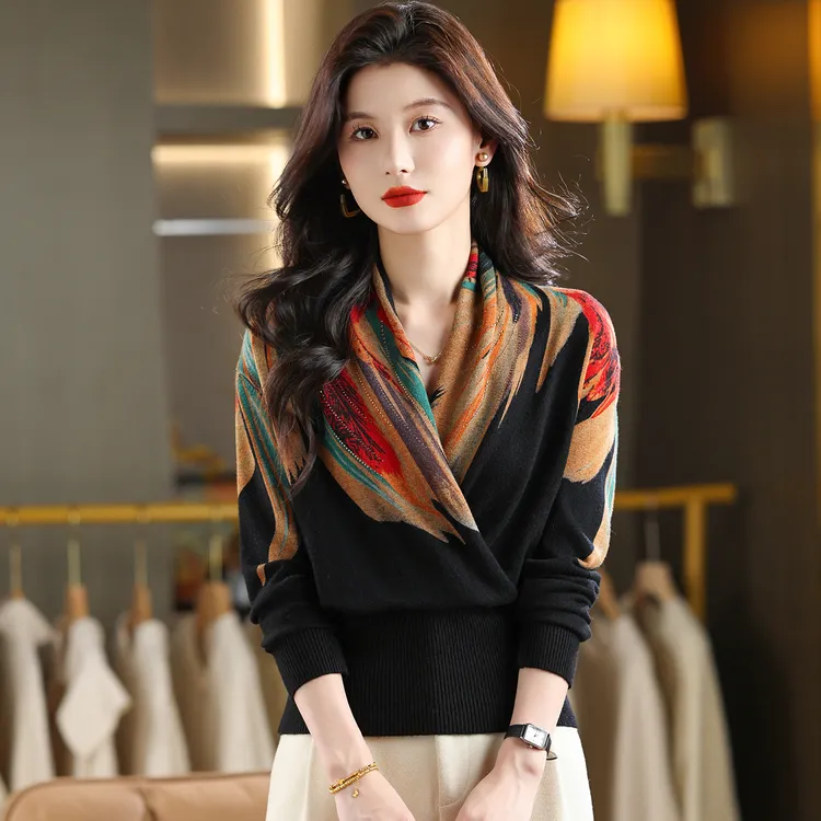 哥弟阿玛施正品秋季新款拼色印花V领长袖针织衫法式短款洋气通勤