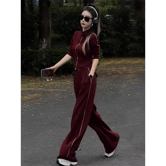 美式红色休闲运动套装女春秋新款百搭立领短款外套阔腿长裤两件套