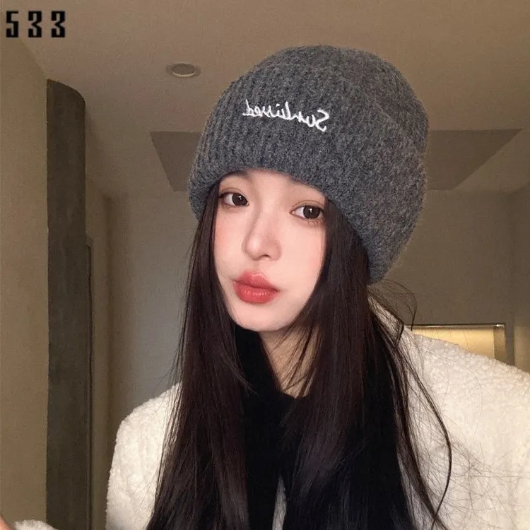 字母刺绣蓝色毛线帽女2024年秋冬季韩系百搭帽子显脸小保暖包头帽