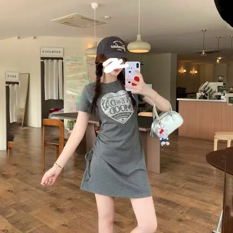 2025长款韩系时尚休闲设计感印花短袖夏季抽绳收腰显瘦T恤女