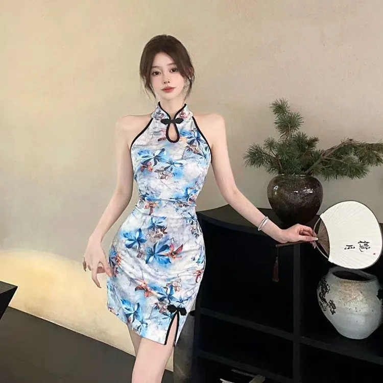 时尚性感辣妹新中式改良显瘦包臀短裙女复古气质印花挂脖连衣裙