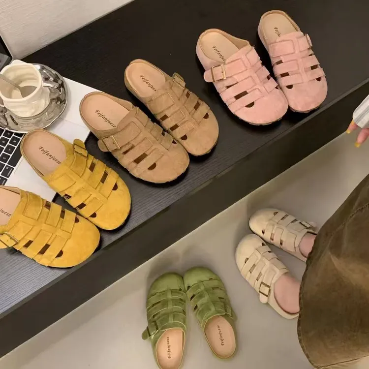 2025年夏季新款外穿罗马拖鞋懒人一脚蹬厚底复古镂空编织半拖鞋女