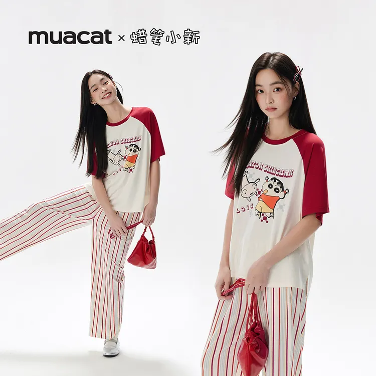 亲嘴猫【蜡笔小新】莫代尔棉可外穿条纹短袖可爱睡衣家居服套装女