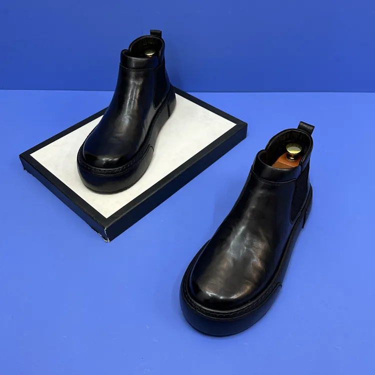 商务风圆头一脚蹬黑色低跟真皮冬季加绒棉鞋简约百搭男鞋短靴