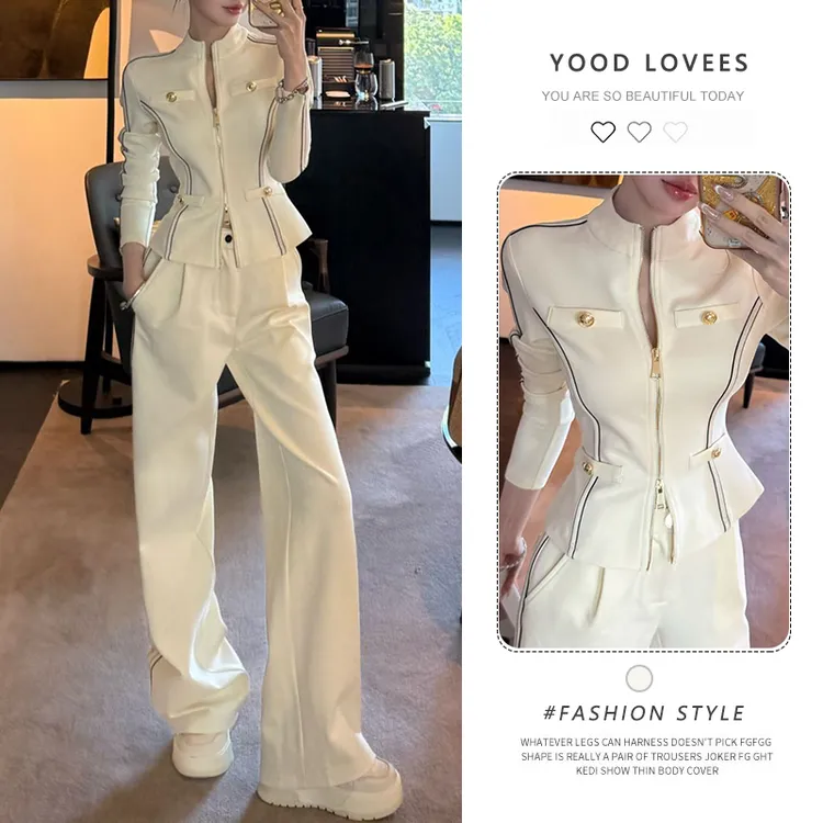 2025年新款气质穿搭立领口袋休时尚拉链开衫阔腿长裤两件套装女