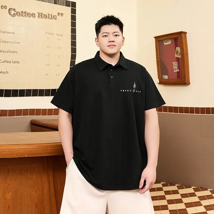 夏季刺绣绣花polo衫胖子宽松休闲加肥加男士大码翻领短袖体恤衫潮