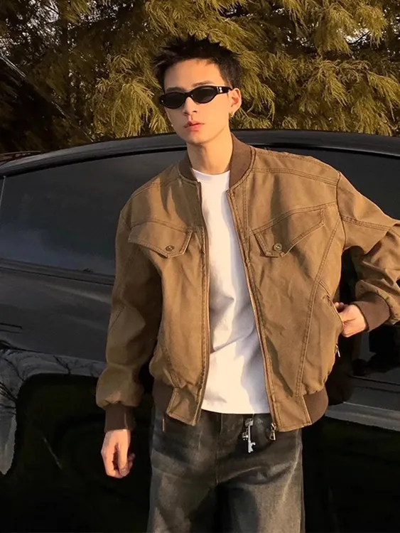 美拉德棕色短款工装外套男春秋水洗潮牌棒球服美式复古哈灵顿夹克