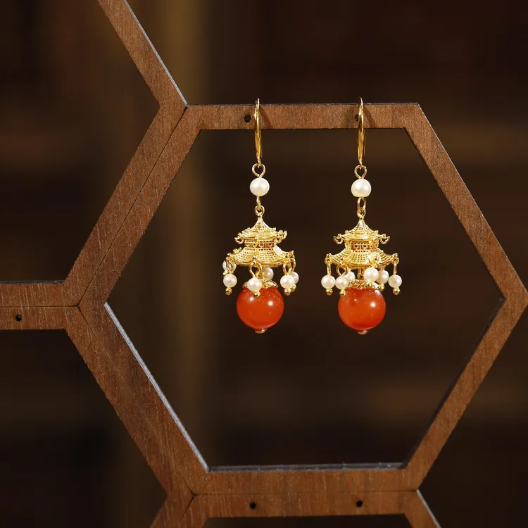 【金阙明珠】【玛瑙】耳坠 金亭台造型 大气国风耳饰