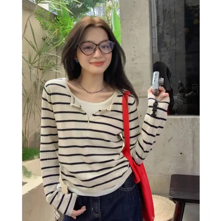（G692）2025秋季新款大码长袖毛针织衫圆领假两件条纹拼色上衣女