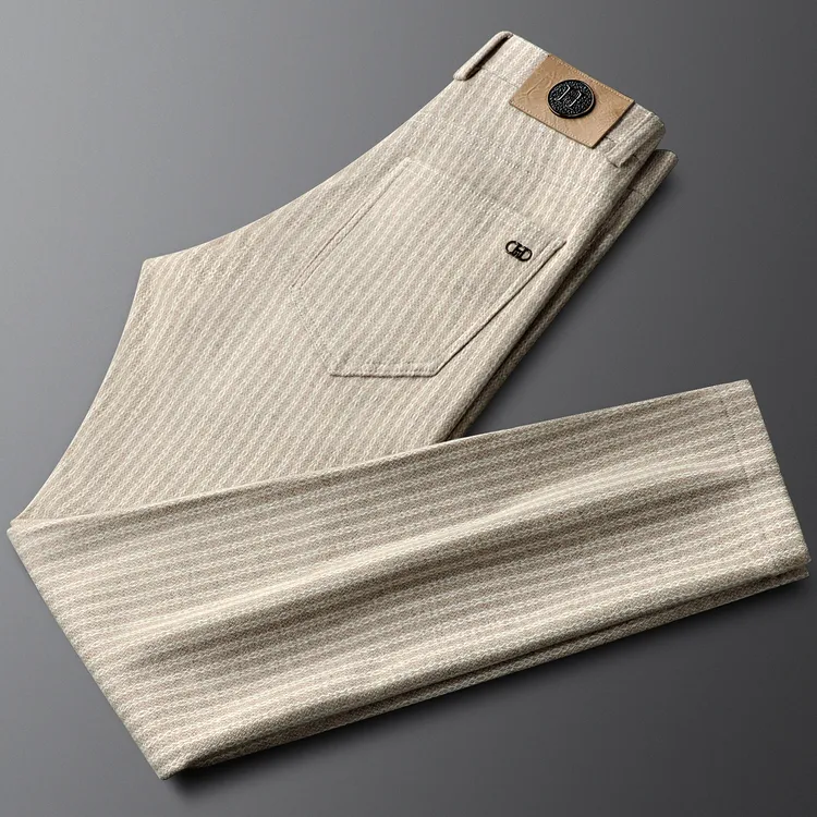爱若摩根轻奢秋冬新款毛呢杏色休闲裤男修身小直筒锥形竖条纹商务