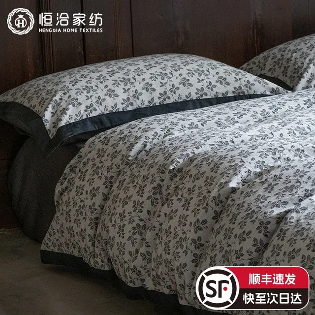 复古风高支长绒棉四件套美式色织提花棉棉被套床单床品灰蓝色