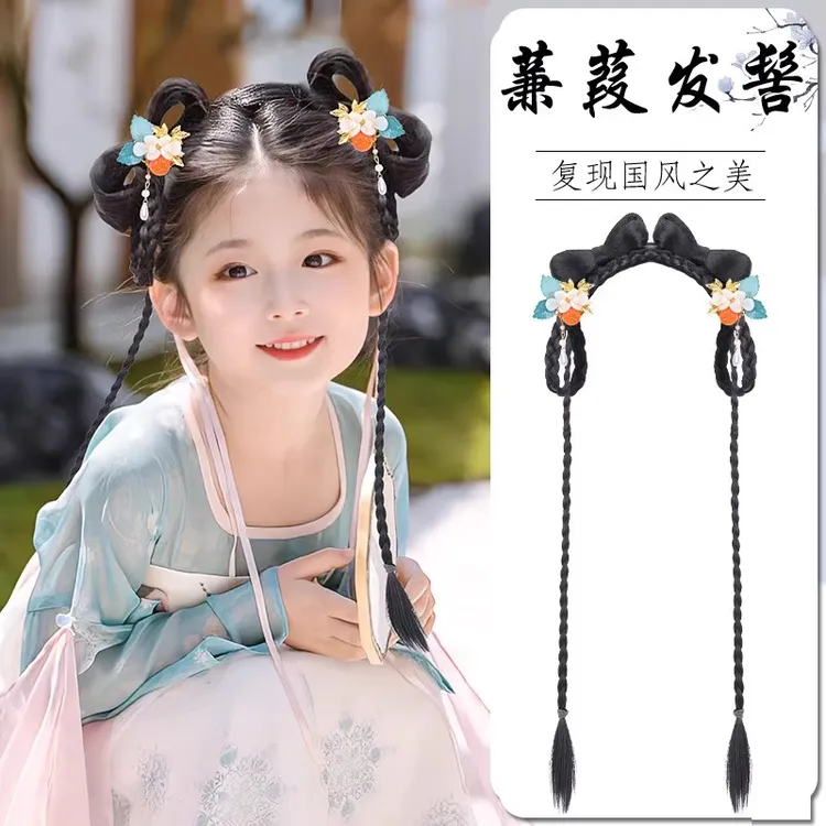 儿童汉服假发包盘发古装一体式发箍古风假发女童造型可爱发髻头饰