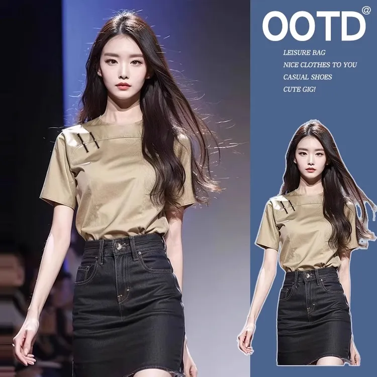 2025夏季新款今年流行爆款上衣新中式女装卡其色国风盘扣短袖衬衫