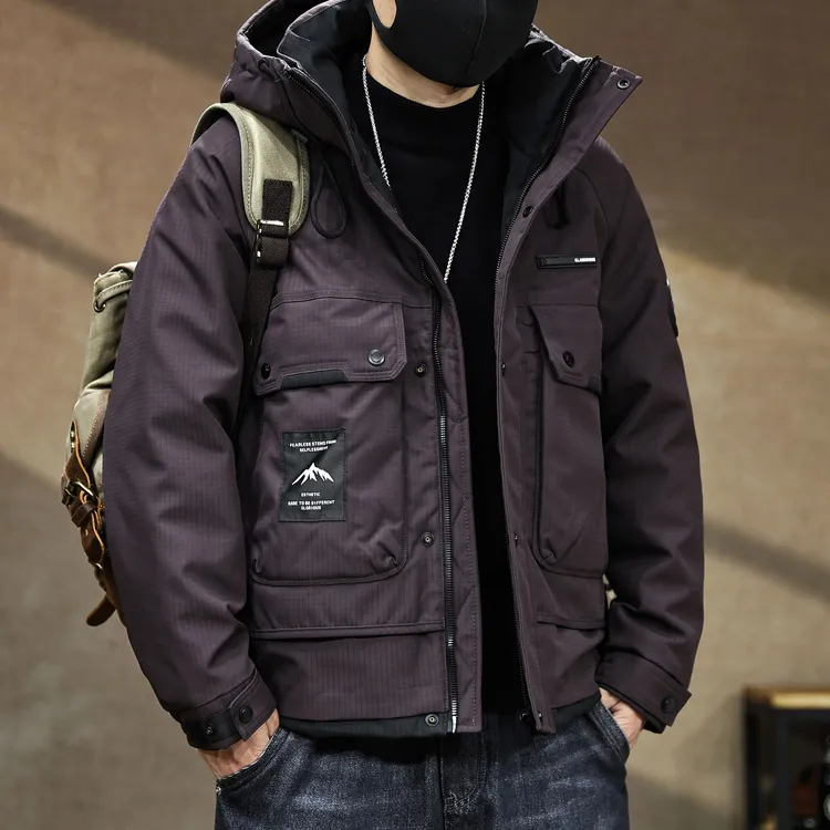 冬季新款拼色90鸭绒连帽羽绒服男潮牌美式复古防寒保暖工装外套男