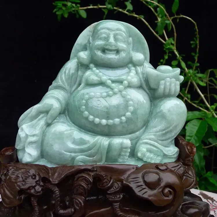 天然缅甸翡翠A货豆绿弥勒佛摆件 布袋佛精品大摆件供奉佛公摆件