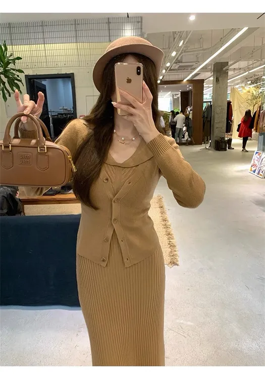 千金风穿搭法式气质复古翻领坑条针织背心长裙开衫外套两件套裙子