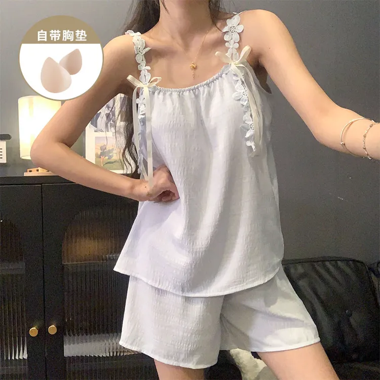 花朵吊带睡衣女款夏季爆款甜美风带胸垫无袖女士家居服套装可外穿