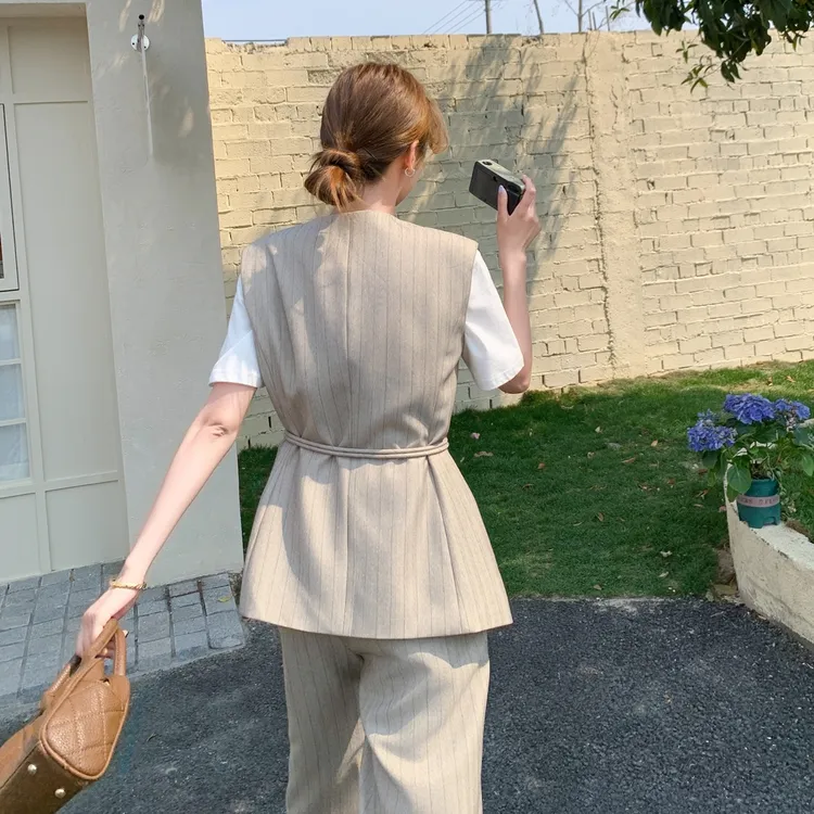 时尚通勤条纹收腰西装马甲套装女2025夏高级感干练气质长裤三件套