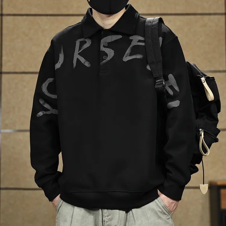 美式翻领卫衣男士春秋宽松大码长袖polo衫潮牌油墨字母印花上衣男