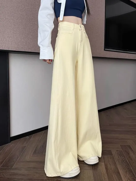 多巴胺米黄色阔腿牛仔裤女春季2025新款高腰直筒宽松显瘦减龄裤子