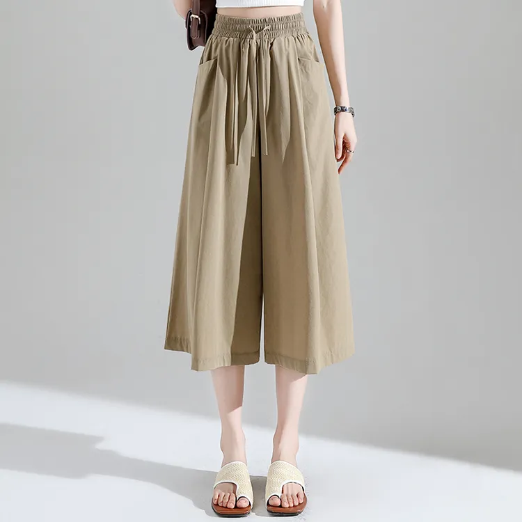 夏季薄款冰丝阔腿裤女大码胖mm宽松遮臀休闲八分裙裤中年妈妈夏装
