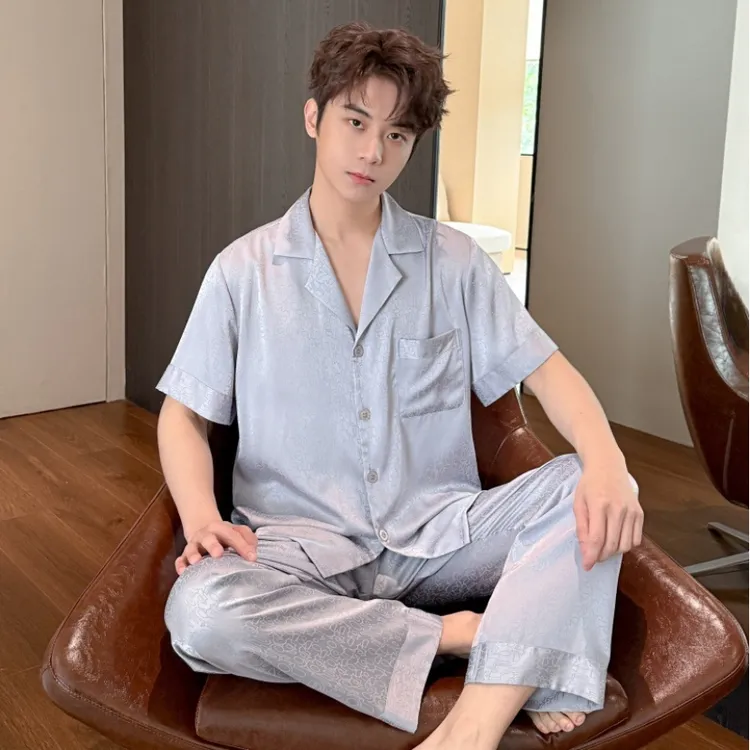 新款男士高级提花冰丝睡衣短袖长裤夏季凉爽可外穿大码家居服套装