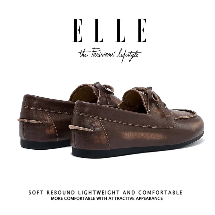 ELLE羊皮一脚蹬软底乐福鞋女棕色做旧皮面平底轻便休闲时尚帆船鞋