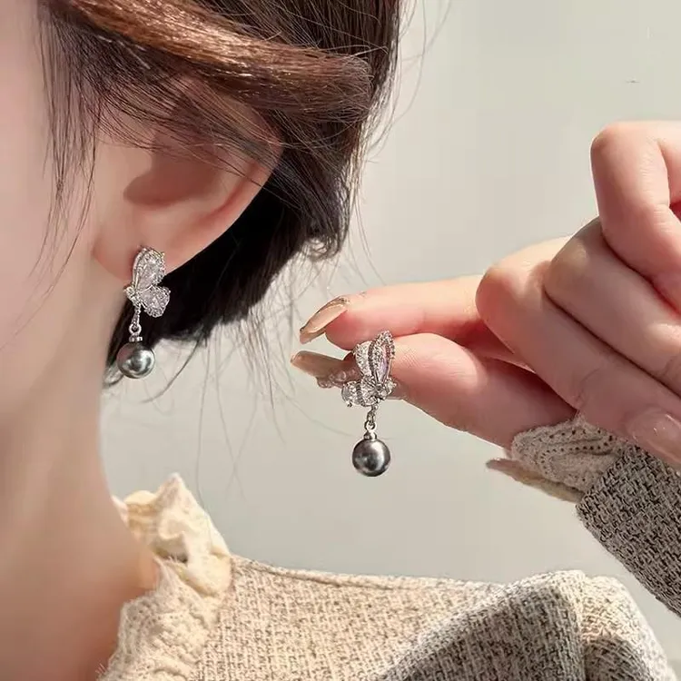铜合金锆石耳饰 锆石清冷感蝴蝶耳环女小众设计耳钉新款爆款夏季