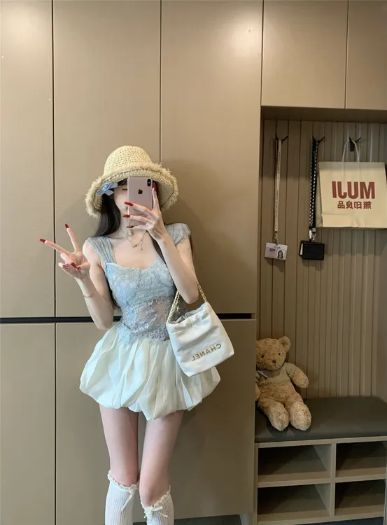 纯欲风辣妹性感镂空蕾丝拼接短款吊带背心上衣百搭半身裙花苞短裙