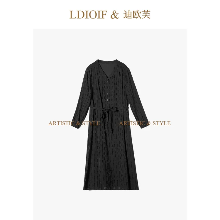 迪欧芙|重磅格纹手工剪花/主打面料莱赛尔V领秋季连衣裙#QLQ18636