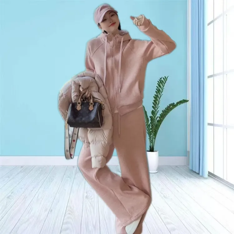 时尚休闲运动套装女冬季新款加绒网红洋气宽松显瘦连帽卫衣套装