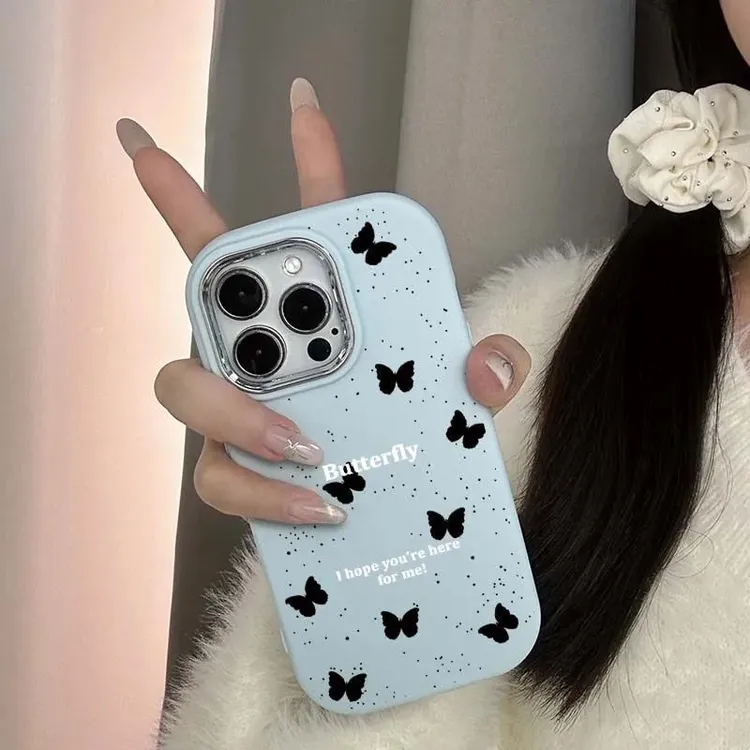 多只黑蝴蝶适用iphone16镜框15韩系14手机壳苹果13卡通12软11防摔