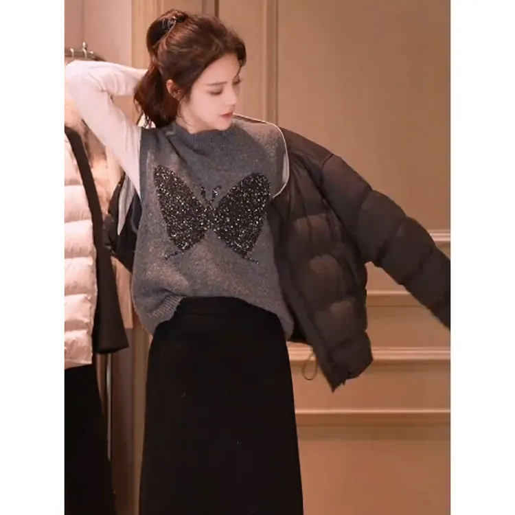 灰色蝴蝶结针织衫马甲背心女秋冬外穿宽松慵懒高级感叠穿毛衣上衣