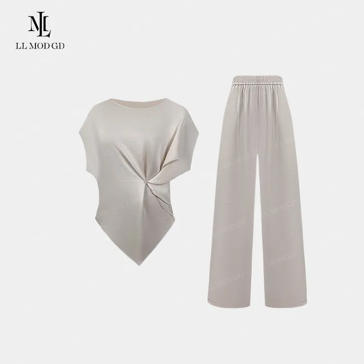 一键出门 时尚气质不规则显瘦短袖+高腰休闲裤醋酸套装YL-262290