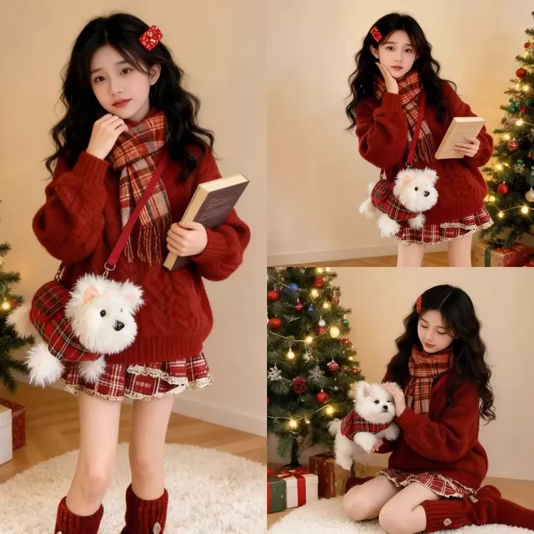 女式大童高级感套装女童新年圣诞富家千金红色毛衣格子裙2026新款