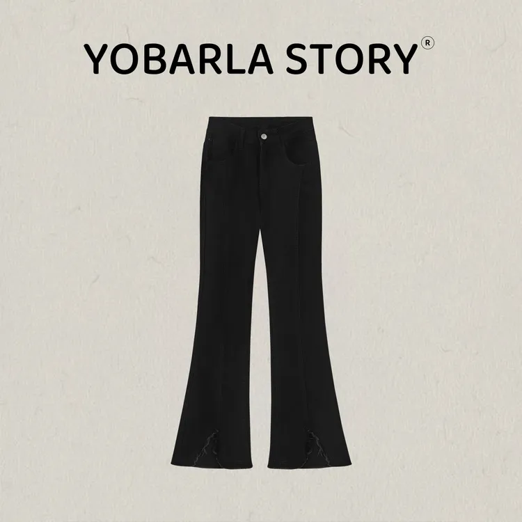 黑色开叉毛边微喇牛仔裤女冬季加绒加厚大码胖mm高腰显瘦马蹄裤子