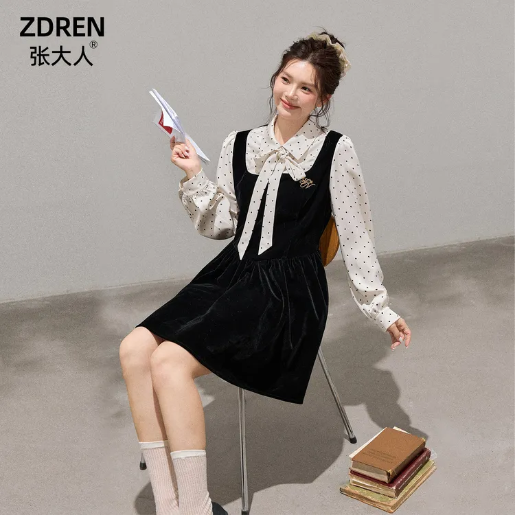 张大人【波点丝绒】大码女装微胖妹妹波点蝴蝶领假两件丝绒连衣裙
