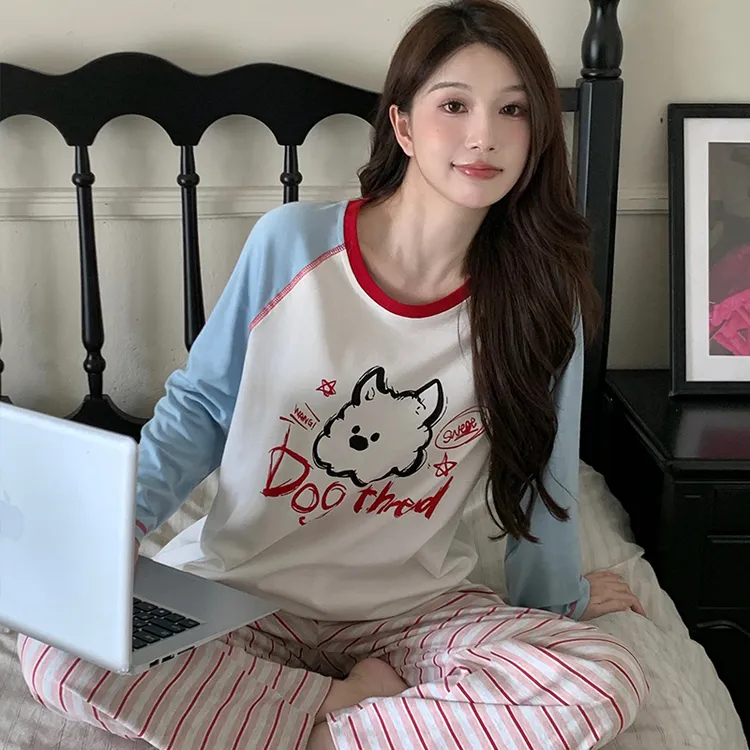 女士睡衣纯棉秋季2025新款长袖长裤卡通可爱甜美家居服套装可外穿