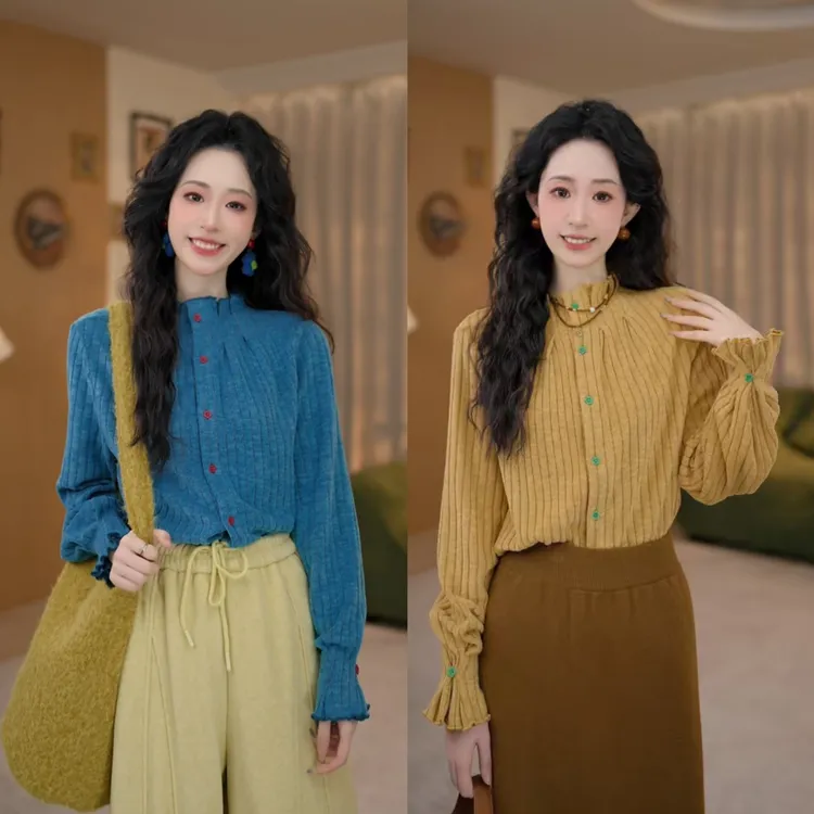 知栀【】复古港风气质拼接长袖百搭长袖衬衫 ZH5749333