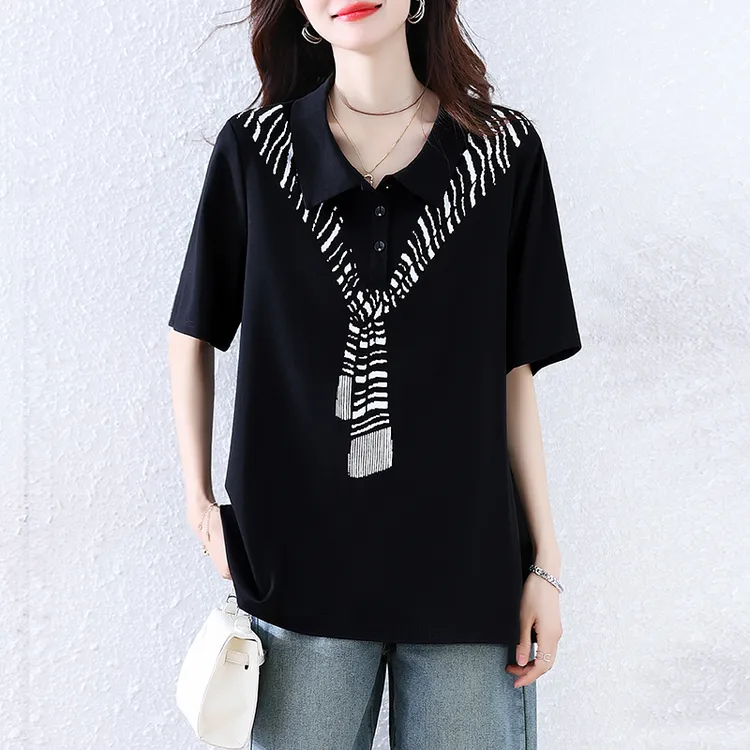 时尚印花翻领短袖t恤女夏2025年新款欧货大码宽松设计感洋气上衣