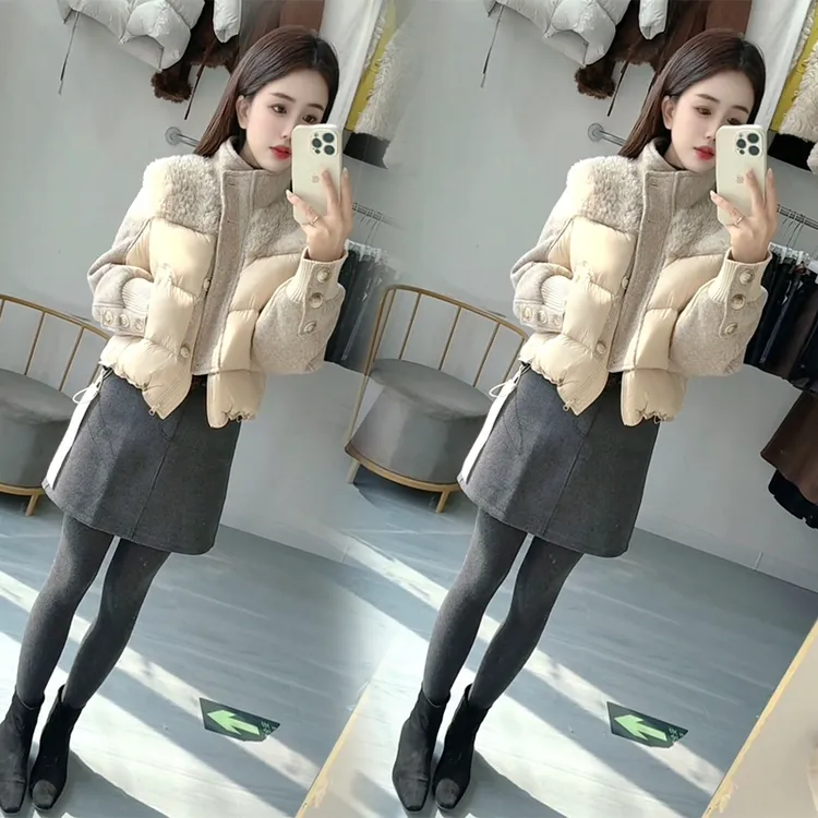 韩版高级感立领拼接保暖外套2025冬季新款休闲高腰毛呢短裙两件套