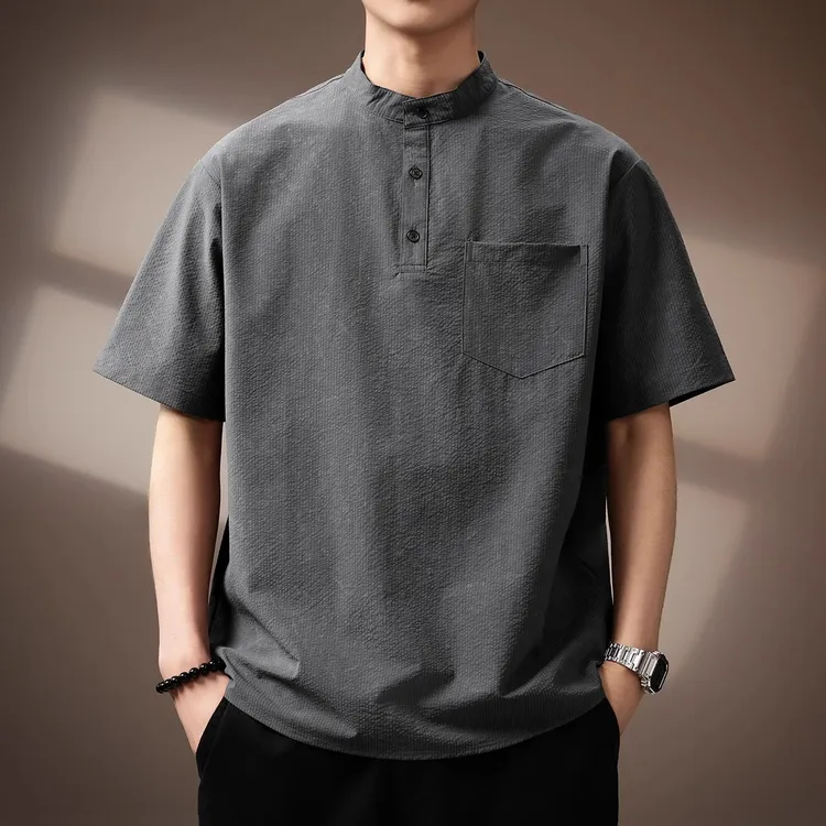 高端轻薄凉感泡泡纱立领Polo衫男士夏季新款宽松亨利领短袖t恤男T