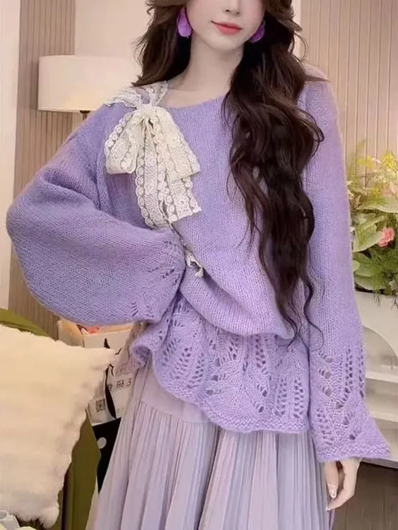秋季新款镂空针织上衣拼接蕾丝温柔宽松百搭网红甜美设计感毛衣女