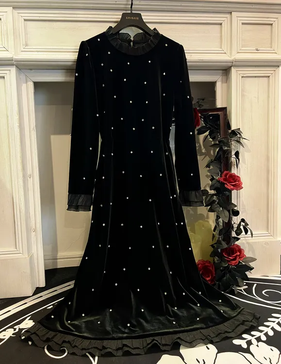 （赫本）欧货女装秋新款高级感丝绒显瘦名媛气质收腰连衣裙女10123#