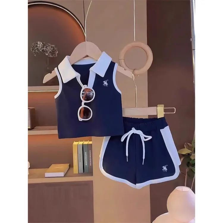 戴维贝断码夏季儿童洋气无袖背心短裤两件套学院风套装2025夏装