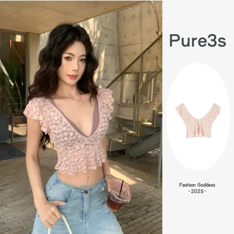 【Pure3s】性感辣妹飞飞袖透视镂空蕾丝衫V领短款露脐T恤薄款上衣