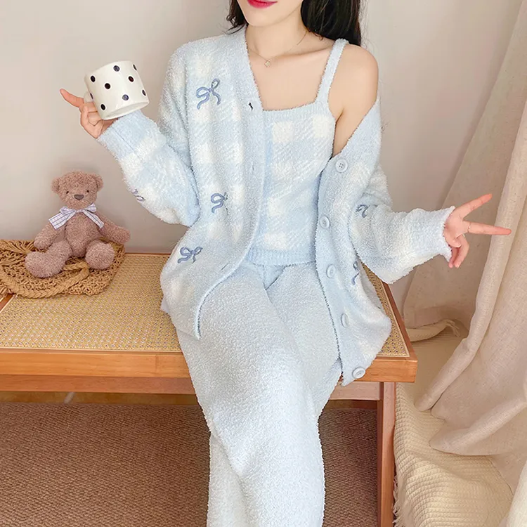 半边绒睡衣女冬季加厚款蝴蝶结珊瑚绒加绒女士家居服秋冬天三件套