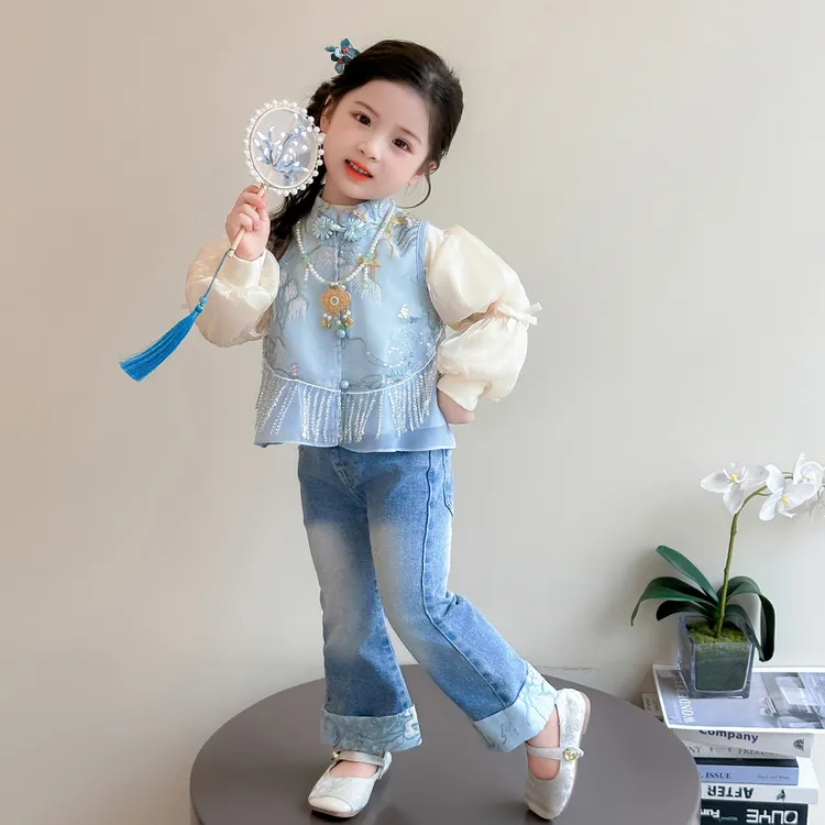 女童国风套装秋季新款儿童新中式马甲洋气时尚女宝中秋古风三件套