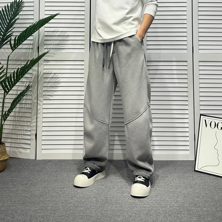 2025秋冬男款宽松百搭拼接设计运动裤加绒阔腿卫裤潮牌弯刀休闲裤