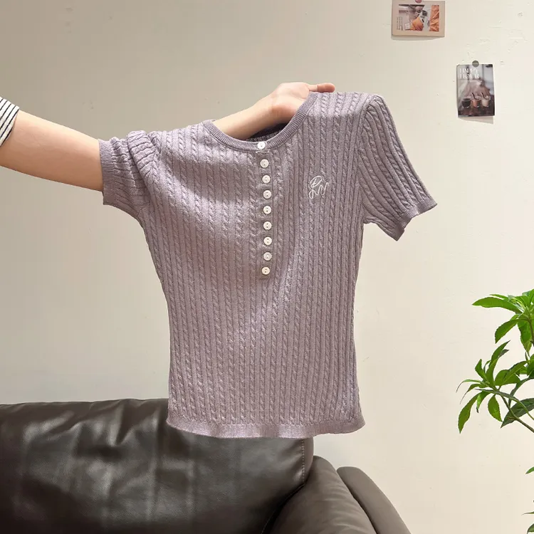 拉夏贝尔紫色气质刺绣圆领针织短袖T恤女夏季麻花弹力修身小上衣